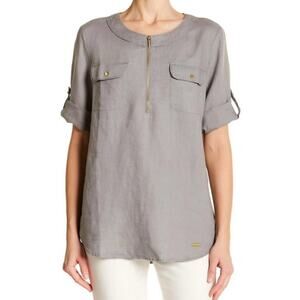 NWT Ellen Tracy Gray 100% Linen Zipper Detail Rolled Tab Popover Top Blouse Sz M
